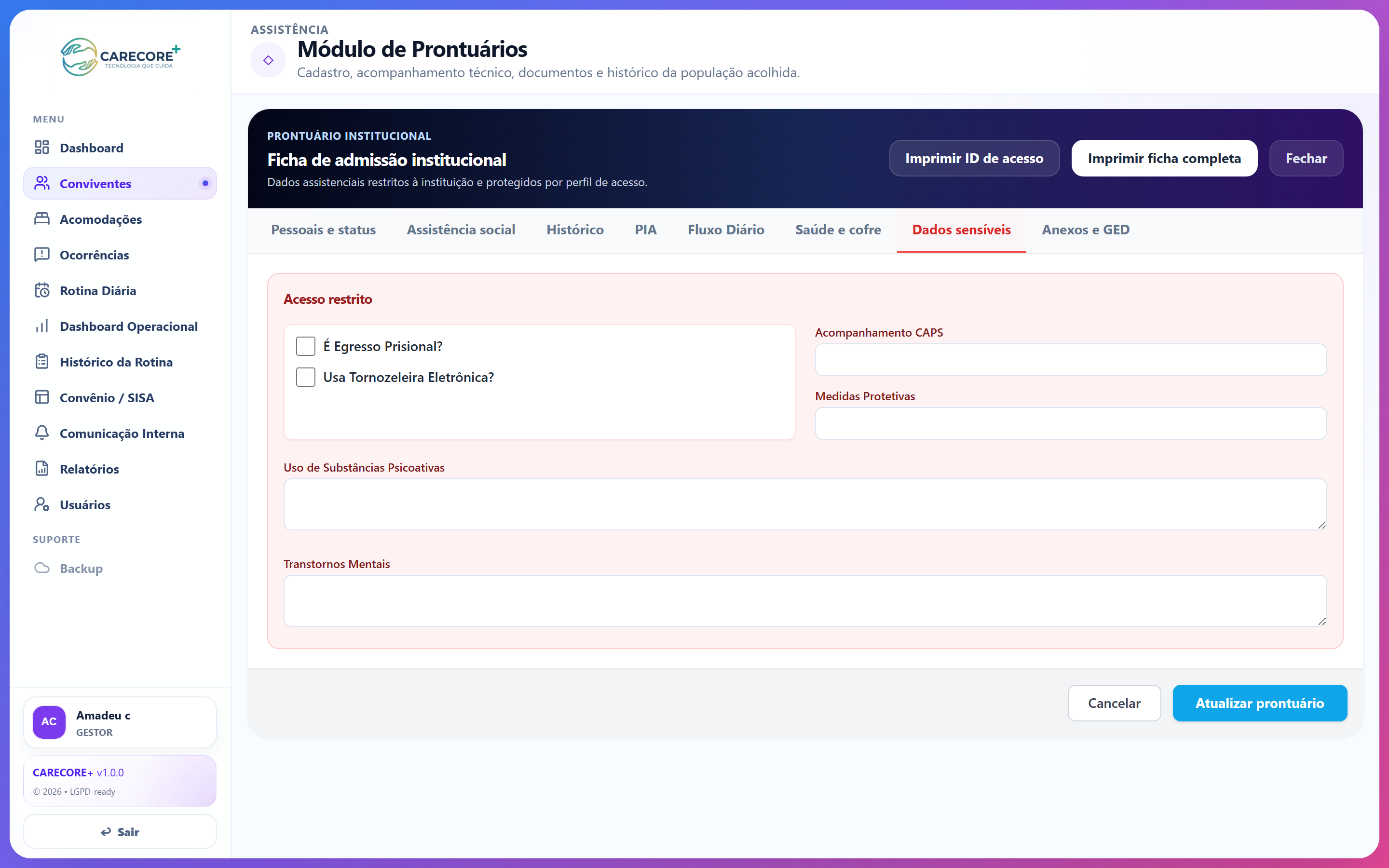 Aba de dados sensíveis